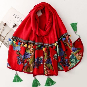 Women Ethnic Style Scarf Shawl Vintage Floral Embroidery Fringe Tassels Polyester Wrap Vacation Beach Photo Prop