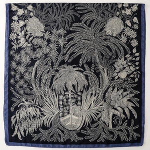 Navy blue tropical palm leaf print scarf with white vintage botanical illustration