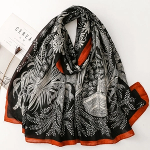 Women Floral Plant Print Scarf Shawl Polyester Cotton Linen Feel Tropical Leaf Vacation Travel Fashion Accessory