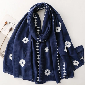Women Ethnic Style Embroidered Floral Scarf Lightweight Voile Polyester Pashmina Shawl For Summer Travel Beach Sunshade
