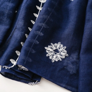 Macro view of navy blue fabric with white embroidery and fine stitched edge detail