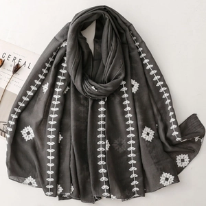Dark gray ethnic style embroidered scarf with white leaf and floral patterns