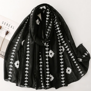 Ethnic style black scarf with white floral embroidery for elegant women's travel