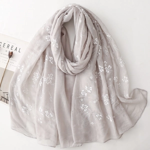 Light gray cotton linen floral scarf with white flower embroidery for sun protection