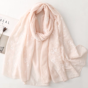 Pink cotton linen floral scarf with white embroidery and lightweight sheer fabric