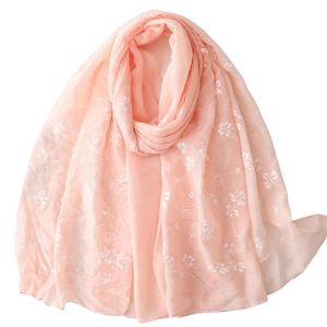 Light pink cotton linen floral scarf with white flower print for women summer sun protection