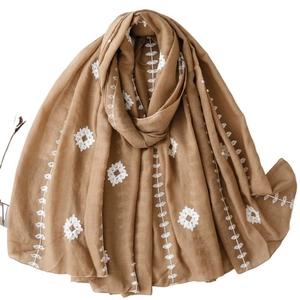 Brown long shawl scarf with elegant white flower embroidery and soft fringe finish