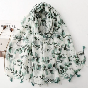Eukalyptus Blatt Druck Schal Schultertuch Polyester Leichtes Langes Quastenwickel Mori Stil Frisches Elegantes Accessoire