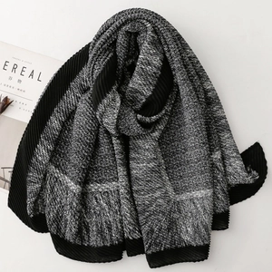 Elegant Women Pleated Scarf Polyester Linen Feel Long Shawl Retro Contrast Grid Warm Soft Wrap For Autumn Winter