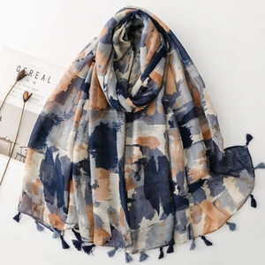 Écharpe En Voile De Polyester À Imprimé Peinture À L'huile Abstrait Châle Large Artistique Avec Glands Pour Femmes Style Rétro