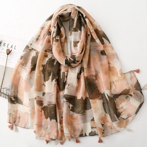 Écharpe femme style peinture à l'huile rétro avec pompons et motifs abstraits rose
