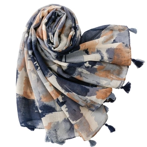 Écharpe style peinture à l'huile avec imprimé camouflage à l'encre et pompons à franges