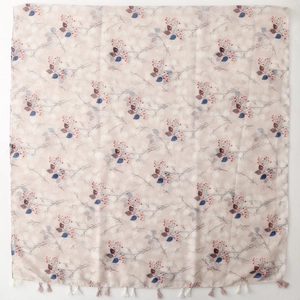 Lightweight floral scarf with berry print, pastel colors, and elegant tassel edges