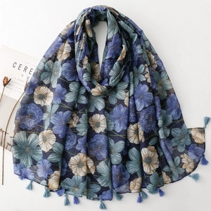 Vintage Floral Print Scarf Thin Tassel Shawl Retro Bohemian Sunscreen Wraps For Women Lightweight Breathable Headscarf
