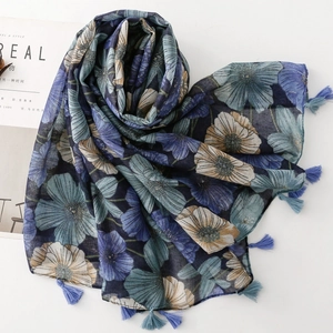 Blue floral print scarf with tassels, lightweight vintage shawl for women on white background