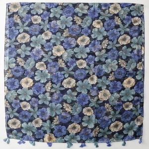Blue vintage floral print scarf with elegant tassels and lightweight fabric shawl