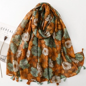 Retro tan floral scarf with daisy print and bicolour tassels in lightweight cotton blend