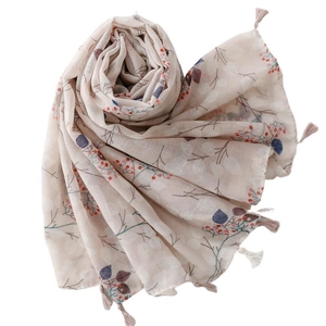 Floral print lightweight scarf for women with tassels and delicate berry vine patterns