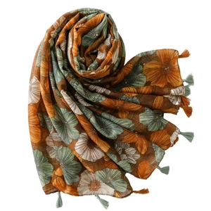 Vintage floral print scarf with elegant fringe trim in earthy tones and lightweight fabric