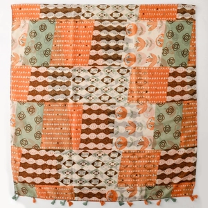 Bohemian patchwork silk scarf with geometric floral patterns and fringe tassels