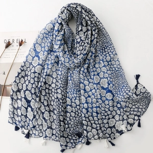 Floral Print Polyester Voile Scarf With Tassels Blue And White Porcelain Style Soft Shawl For Women