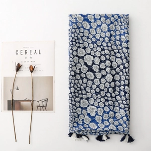 Blue and white floral scarf with fringe detail, elegant bohemian pashmina shawl