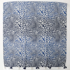 Blue and white floral print shawl with tassels inspired by vintage porcelain patterns