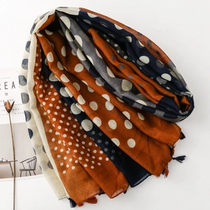 French vintage polka dot scarf with tassels, orange and navy patchwork style shawl