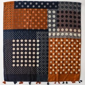 French vintage polka dot scarf with tassel edge in navy blue and orange patchwork