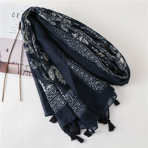 Ethnic navy blue paisley scarf with tassels and soft fabric for sun protection