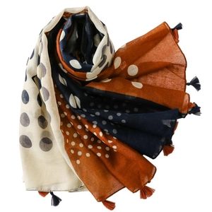 French vintage polka dot scarf with tassel details in navy blue and cream colors