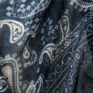 Detail of navy paisley silk scarf showing lightweight texture and intricate patterns