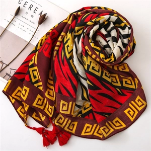 Bohemian style cotton linen scarf with zebra pattern and red tassels for beach sun protection
