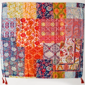 Vintage bohemian square shawl with floral patchwork patterns and red fringe tassels