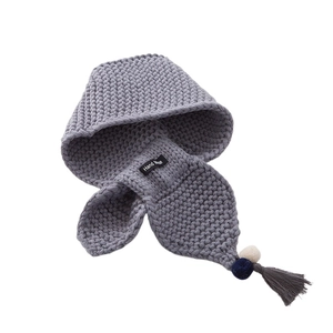 Grey chunky knit children's earflap hat with dual-tone pompoms and long tassels