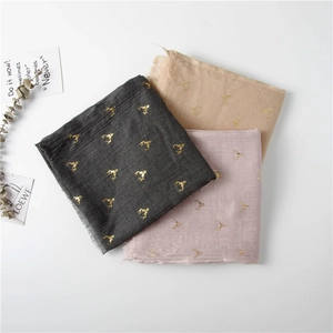 Winter linen cotton scarf for women with gold foil reindeer print in three soft colors