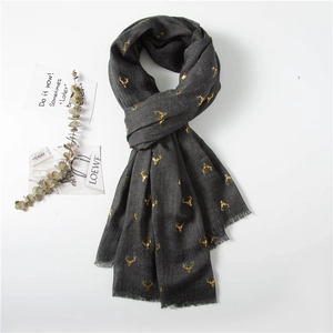 Macro detail of charcoal grey scarf with gold reindeer print and frayed edges texture