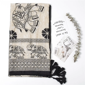 Elephant Print Scarf Cotton Linen Shawl With Tassels Bohemian Ethnic Style Sun Protection Beach Wrap For Women