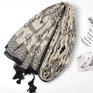Ethnic elephant print linen scarf with black tassels and geometric patterns for women