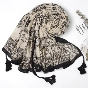 Ethnic cotton linen elephant print scarf with black fringe and geometric borders