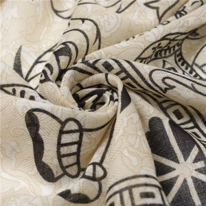 Beige cotton linen ethnic scarf with elephant and geometric tribal print long shawl