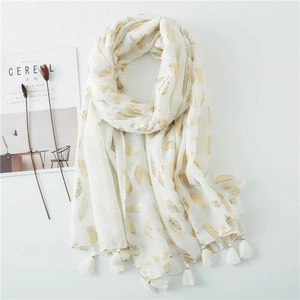 Women Long Voile Scarf Gold Feather Stamping Shawl Elegant Fashion Wrap With Tassels Lightweight Breathable Soft Accessory