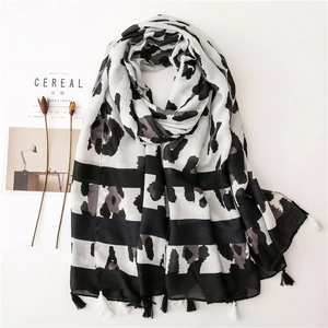 Women Leopard Print Scarf Shawl Herringbone Polyester Lightweight Color Block With Tassels Korean Fashion