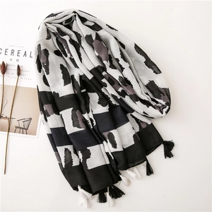 Leopard print and striped colorblock cotton linen scarf with tassels in black and white