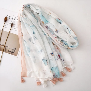 Lightweight white butterfly print scarf with tassels and subtle silver metallic threads