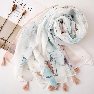 Lightweight cotton linen scarf with butterfly prints and fringe trim for summer sun protection