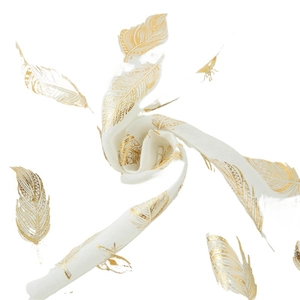 White semi-transparent scarf with metallic gold feather patterns in spiral layout