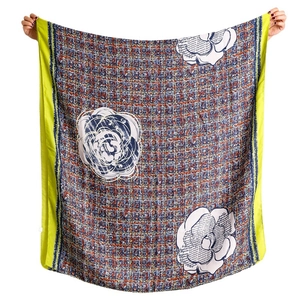 Plaid cotton linen scarf with large white camellia prints and neon yellow borders