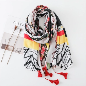 Écharpe Châle Imprimé Floral Aspect Coton Lin Style Rétro Ethnique Avec Longs Glands Protection Solaire Pour Femmes