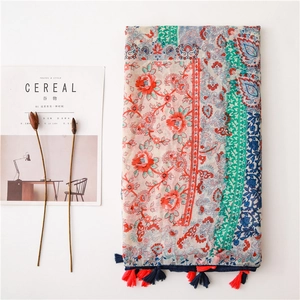 Vintage cotton linen floral scarf with tassels and colorful ethnic paisley patterns